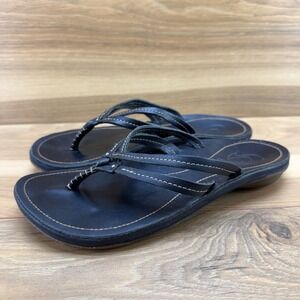 Olukai Kapehe Luana Flip Flops Womens 5 Black Leather Thong Sandal Travel Resort
